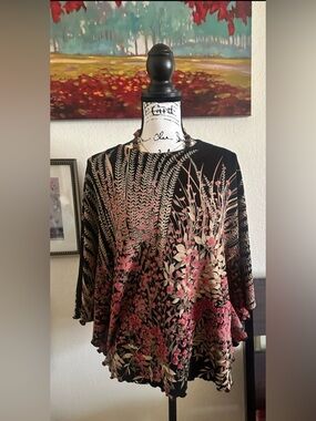 Beautiful Black Floral Embroidered Poncho Top - Pink & Gold Detail